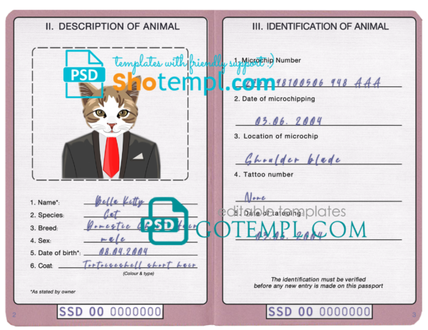 FREE editable template, South Sudan cat (animal, pet) passport PSD template, fully editable