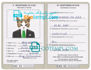 FREE editable template, Sweden cat (animal, pet) passport PSD template, completely editable