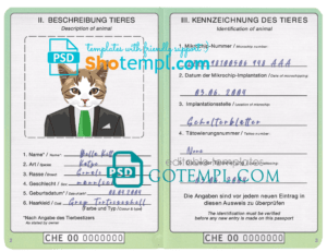 FREE editable template, Switzerland cat (animal, pet) passport PSD template, fully editable