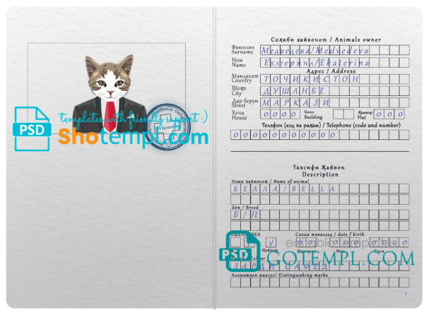 FREE editable template, Tajikistan cat (animal, pet) passport PSD template, fully editable