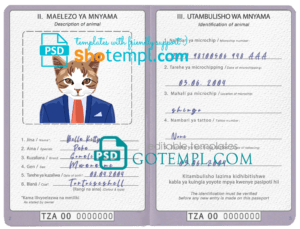 FREE editable template, Tanzania cat (animal, pet) passport PSD template, completely editable