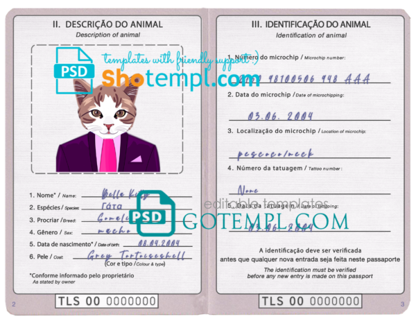 FREE editable template, Timor-Leste cat (animal, pet) passport PSD template, fully editable