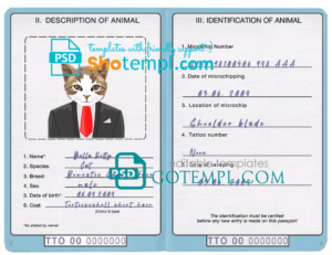 FREE editable template, Trinidad and Tobago cat (animal, pet) passport PSD template, fully editable