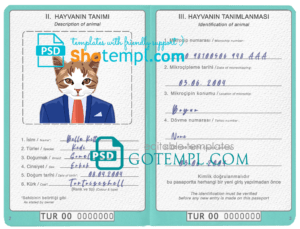 FREE editable template, Turkey cat (animal, pet) passport PSD template, completely editable