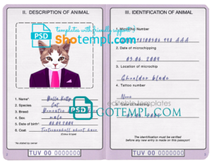 FREE editable template, Tuvalu cat (animal, pet) passport PSD template, completely editable