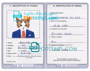 FREE editable template, United Kingdom cat (animal, pet) passport PSD template, fully editable