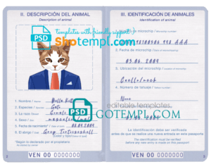 FREE editable template, Venezuela cat (animal, pet) passport PSD template, fully editable