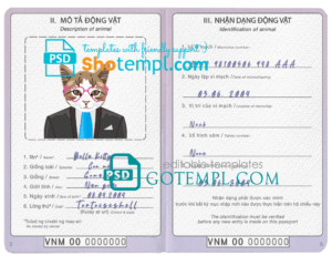 FREE editable template, Vietnam cat (animal, pet) passport PSD template, fully editable
