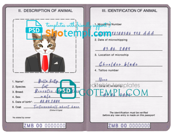 FREE editable template, Zambia cat (animal, pet) passport PSD template, fully editable