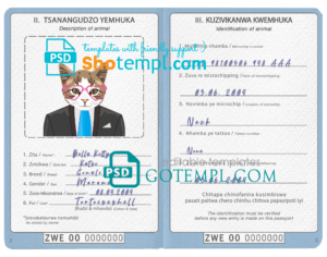 FREE editable template, Zimbabwe cat (animal, pet) passport PSD template, completely editable