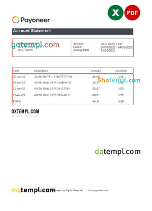 editable template, USA Payoneer account statement Excel and PDF template
