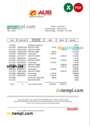 editable template, Philippines Asia United Bank (AUB) account statement Excel and PDF template