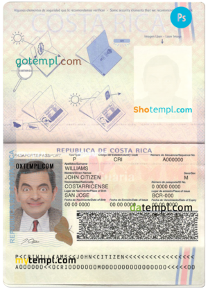 plantilla editable, plantilla de pasaporte de Costa Rica en formato PSD, totalmente editable