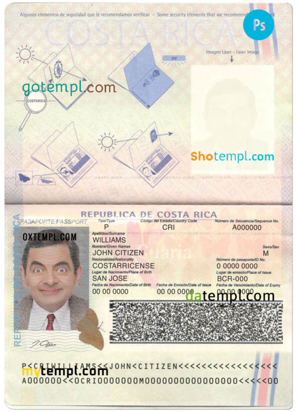editable template, Costa Rica passport template in PSD format, fully editable