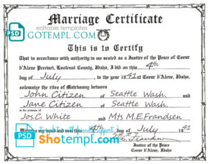 editable template, USA Idaho marriage certificate template in PSD format, fully editable