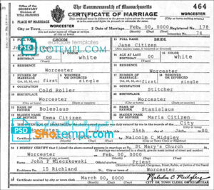 editable template, USA Massachusetts marriage certificate template in PSD format
