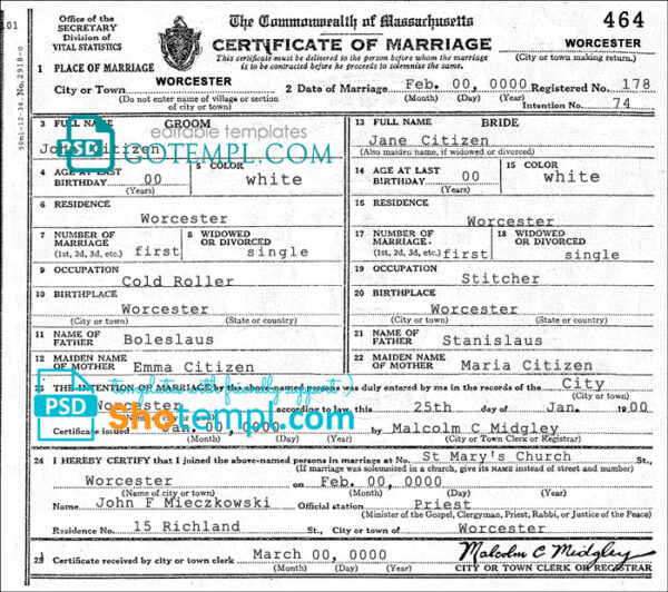 editable template, USA Massachusetts marriage certificate template in PSD format