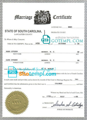 editable template, USA South Carolina marriage certificate template in PSD format