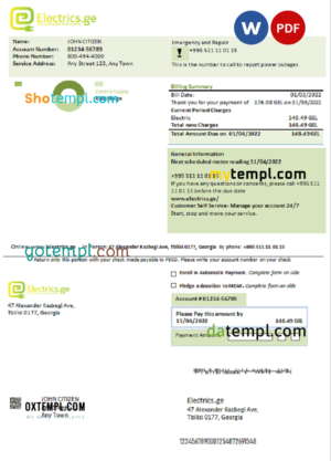 editable template, Georgia Electrics.ge electricity bill template in Word and PDF format