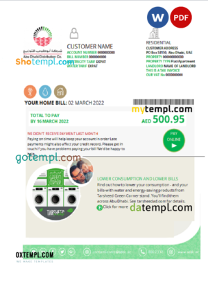 editable template, UAE Abu Dhabi Distribution Co. utility bill template in Word and PDF format