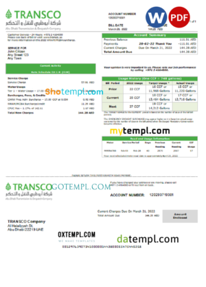 editable template, UAE Abu Dhabi Transmission & Despatch Company (TRANSCO) utility bill template in Word and PDF format