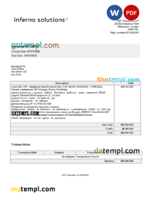 editable template, United Kingdom Inferno Solutions invoice Word and PDF template, fully editable