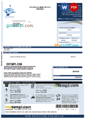 editable template, Australia NSW Bankstown City Council utility bill Word and PDF template
