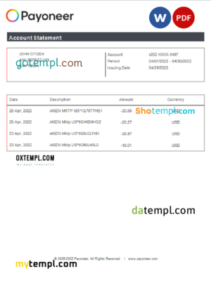 editable template, USA Payoneer account statement Word and PDF template