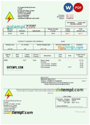 editable template, Saint Vincent and the Grenadines St. Vincent Electricity Services Limited utility bill Word and PDF template