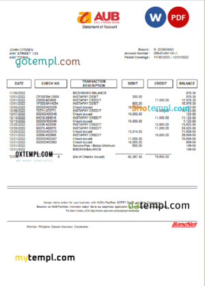 editable template, Philippines Asia United Bank (AUB) account statement Word and PDF template