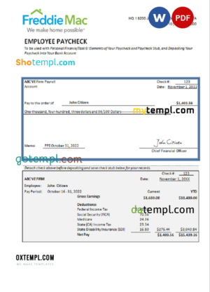 editable template, USA financial company employee sheet template in Word and PDF format, version 3