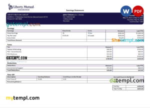 editable template, USA insurance company earning statement template in Word and PDF format, version 2