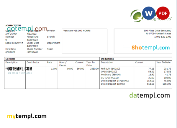 editable template, USA diagnostic company employee sheet template in Word and PDF format
