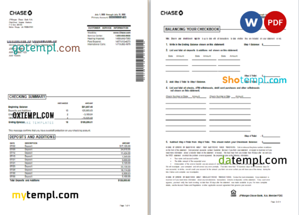 editable template, USA Chase bank statement Word and PDF template, 4 pages