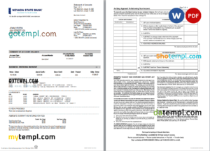 editable template, USA Nevada State Bank business checking statement, Word and PDF template, 4 pages