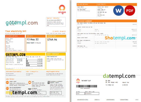 editable template, Australia Origin utility bill, Word and PDF template, 4 pages