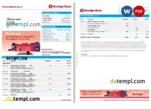 editable template, Australia Bendigo bank statement Word and PDF template, 2 pages