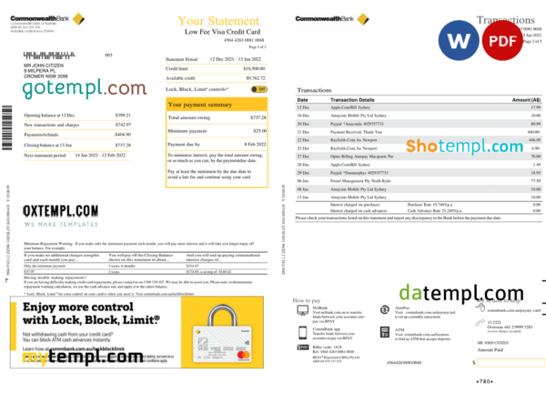 editable template, Australia Commonwealth bank statement, Word and PDF template, 3 pages
