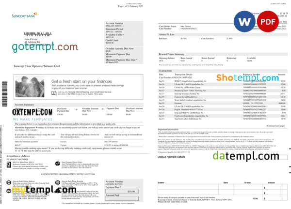 editable template, Australia Suncorp bank card account statement, Word and PDF template, 5 pages