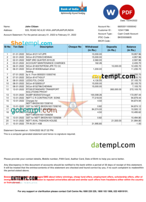 editable template, India Bank of India bank statement Word and PDF template