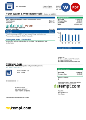 editable template, # blue action universal multipurpose utility bill, Word and PDF template