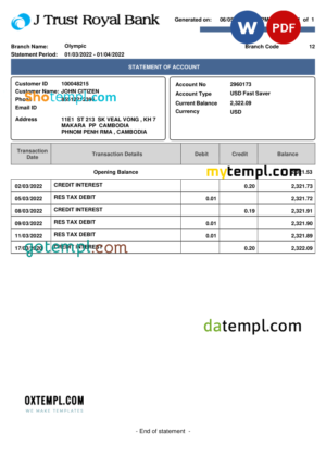 editable template, Cambodia J Trust Royal bank statement Word and PDF template