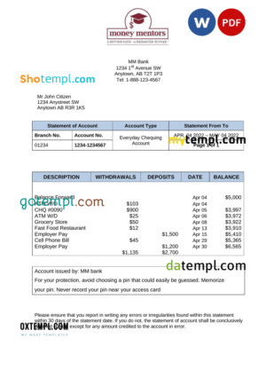 editable template, Canada Money Mentors (MM) bank statement Word and PDF template