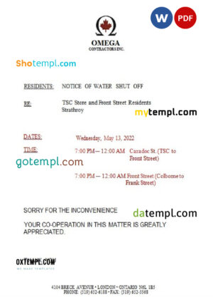 editable template, Canada Ontario Omega Contractors Inc. water utility bill shutoff notice, Word and PDF template