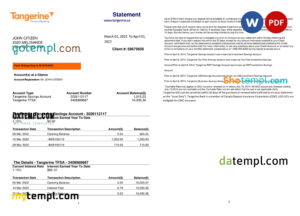 editable template, Canada Tangerine bank statement Word and PDF template, 2 pages