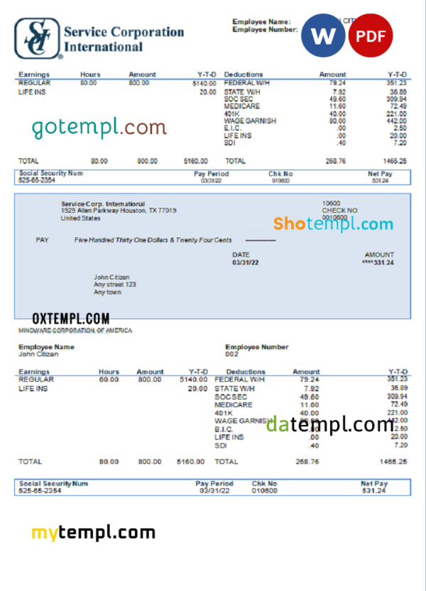 editable template, USA Service Corp. International consumer discretionary company pay stub Word and PDF template
