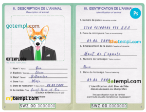 FREE editable template, Eswatini (Swaziland) dog (animal, pet) passport PSD template, fully editable