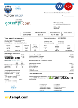editable template, # factory order universal multipurpose utility bill, Word and PDF template