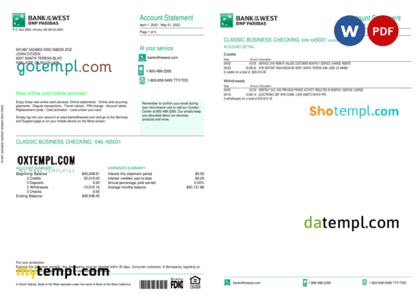 editable template, France BNP bank statement Word and PDF template, 4 pages