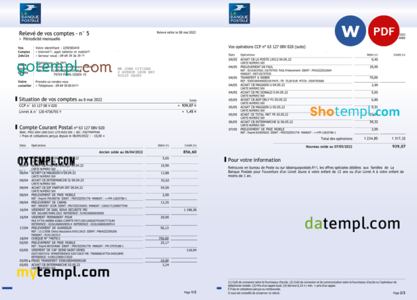 editable template, France La Banque Postale bank statement Word and PDF template, 3 pages